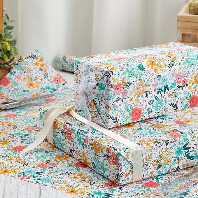 MAYPLUSS Floral Wrapping Paper Roll - 17Inch x 16.5Feet - Garden Boho Flower Gift Wrap Paper Spring Summer Blooms Paper for Wedding, Bridal Shower, Birthday and Engagement