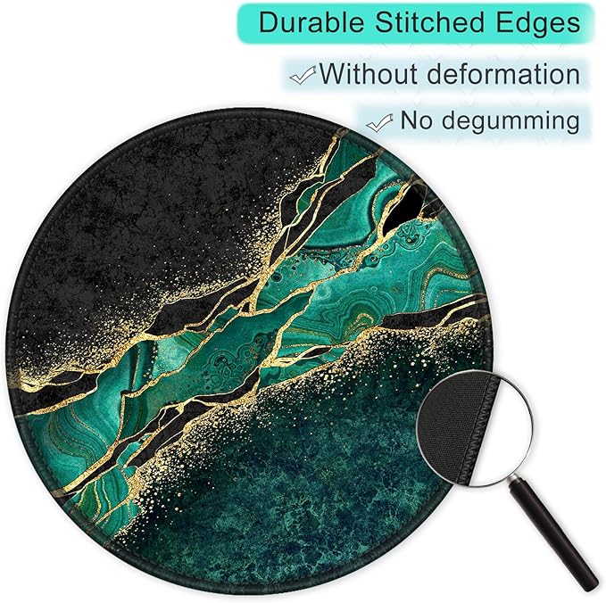 ITNRSIIET Round Mouse Pad with Stitched Edge Premium-Textured Waterproof Non-Slip Rubber Base Desktop Protection Mat Diameter 8.7 inches, Green Marble Gold