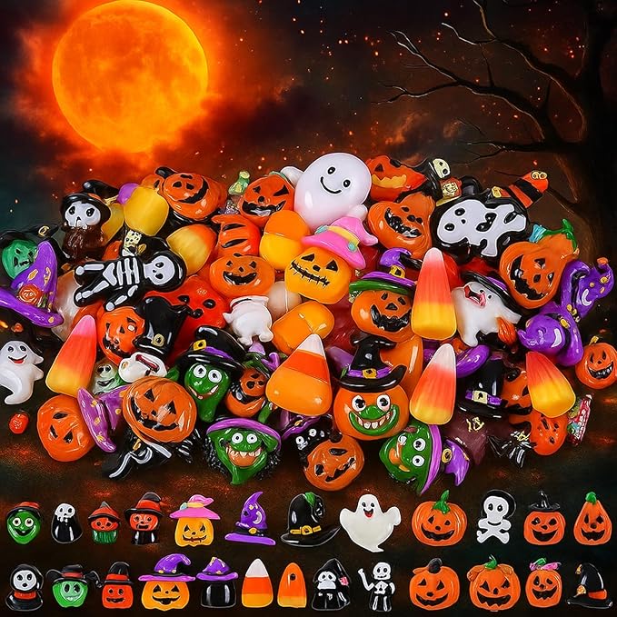 Giegxin 40pcs Halloween Resin Charms Halloween Decor Pumpkin Witch Hat Candy Corn Ghost Flatback Cabochon Accessories Cute Embellishment Bulk for Jewelry Cellphone Case Scrapbooking Headband DIY Craft