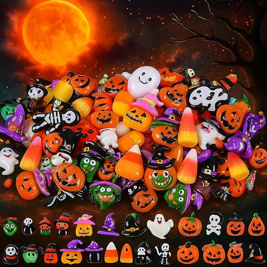 Giegxin 40pcs Halloween Resin Charms Halloween Decor Pumpkin Witch Hat Candy Corn Ghost Flatback Cabochon Accessories Cute Embellishment Bulk for Jewelry Cellphone Case Scrapbooking Headband DIY Craft