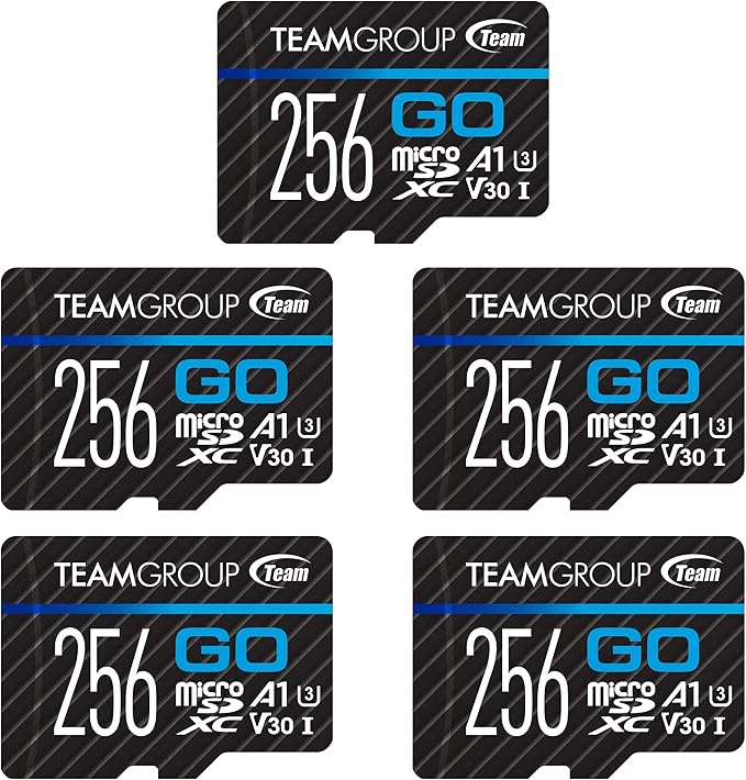 TEAMGROUP GO Card 256GB x 5 PACK Micro SDXC UHS-I U3 V30 4K for GoPro & Drone & Action Cameras High Speed Flash Memory Card with Adapter for Outdoor Sports, 4K Shooting, Nintendo-Switch TGUSDX256GU363