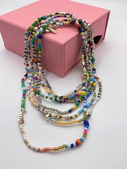 Handmade Bohemian Beaded Necklace for Women - Adjustable Layered Choker with Freshwater Pearls, Multicolor Glass Beads & 14K Gold Plated Stainless Steel, Summer Vacation Jewelry Gift