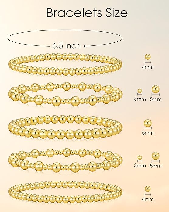 Howoo Gold Bracelets for Women Beaded Initial Bracelet Stack Dainty Heart Stretch Gold Charm Bracelet Jewelry for Women Trendy