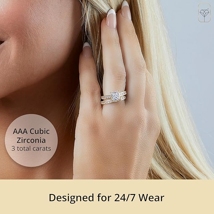 MAX + STONE 10K Gold 3.0 Carat Princess Cut Cubic Zirconia Engagement Ring with Wedding Band Set | CZ Wedding Rings for Women in Size 4.5 to 9 with Gift Box