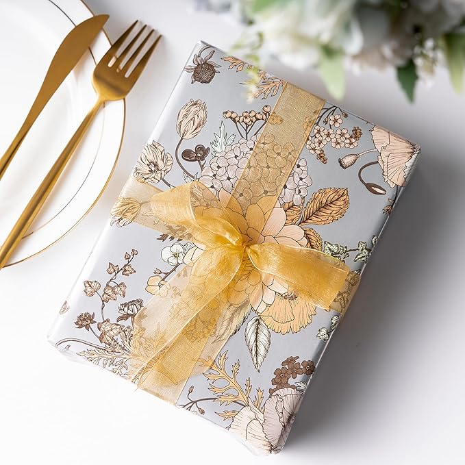 WRAPAHOLIC Reversible Floral Wrapping Paper - Mini Roll - 17 Inch X 33 Feet - Pearlized Silver Vintage Floral Wedding Wrapping Paper for Birthday, Bridal Shower, Baby Shower