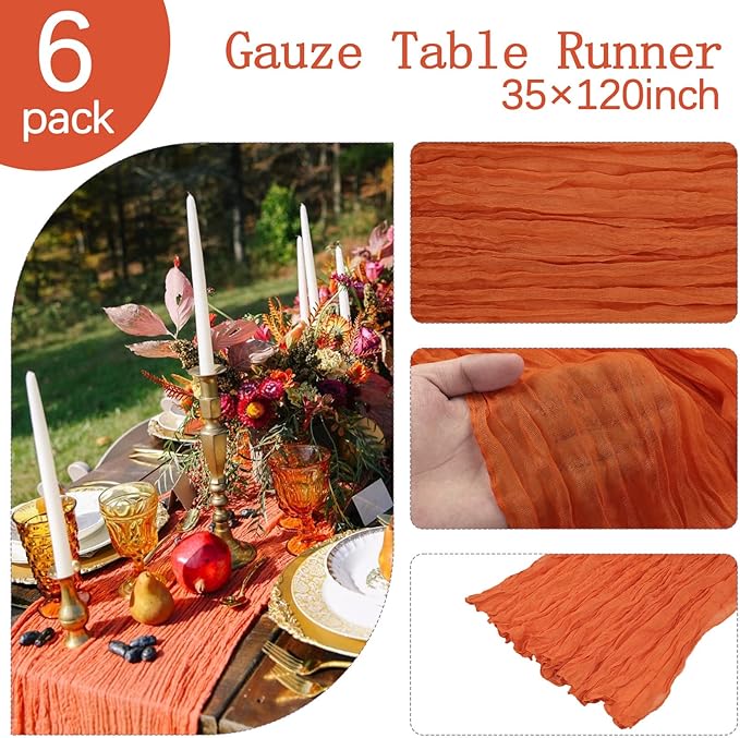 6 Pack Fall Table Runner Orange Cheesecloth 10FT Boho Gauze Fabric Table Runner 35 x 120 Inch Rustic for Thanksgiving Wedding Decor Holiday Party Boho Decoration(Orange)