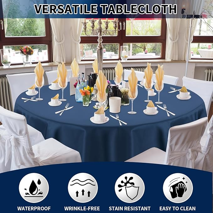 PureFit 6 Pack Round Navy Blue Table Cloths 90 Inch for Round Tables, Stain and Wrinkle Resistant Table Linens for Home Use, Wedding, Party, Banquet and Camping