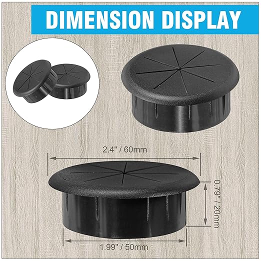 2" Black Desk Grommet, JTemgle Flexible Cable Grommet Rubber Cable Hole Cover Wire Organizer Caps Desktop Cord Management for Home Office TV Stands Tabletops, 2 Pieces