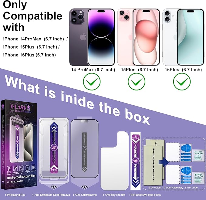2 Pack Matte Screen Protector for iPhone 14 Pro Max/iPhone 15 Plus/iPhone 16 Plus, 9H Tempered Glass, Full Coverage, Anti-Fingerprint, Auto Dust-Elimination, No Bubble, Easy Installation
