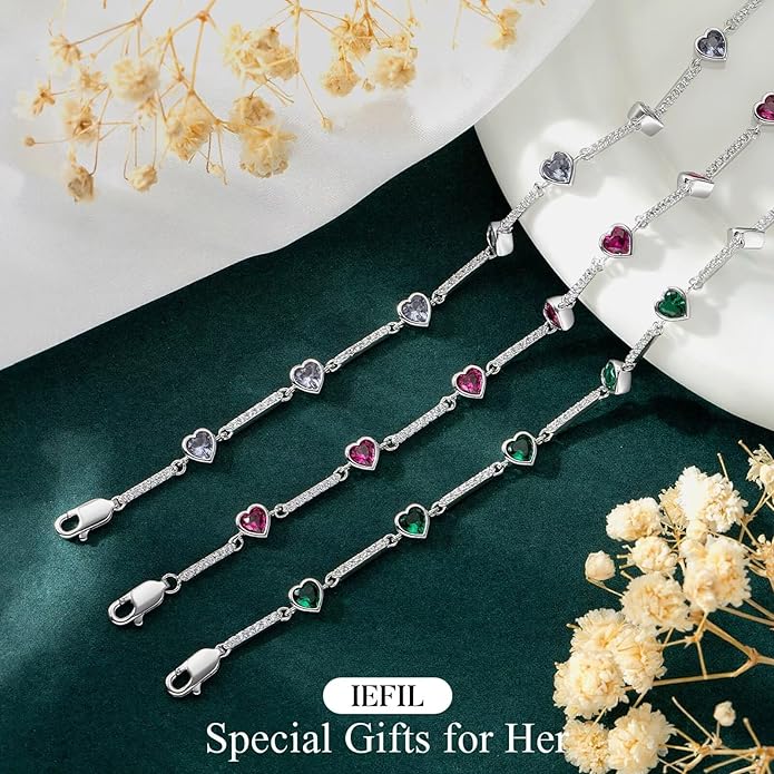 Iefil Valentines Day Gifts for Her - 925 Sterling Silver Heart Charm Link Bracelet, Anniversary Birthday Gifts for Women Wife Mom Girlfriend Daughter, 6"+2"