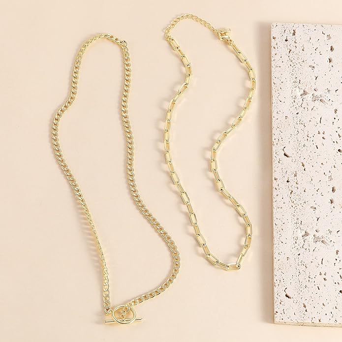 CHESKY Layered Necklaces for Women, 14K Gold Plated Chain Necklace Women Trendy Cuban Link Paperclip Chain Toggle Clasp Necklace Fashion Chunky Jewelry for Women