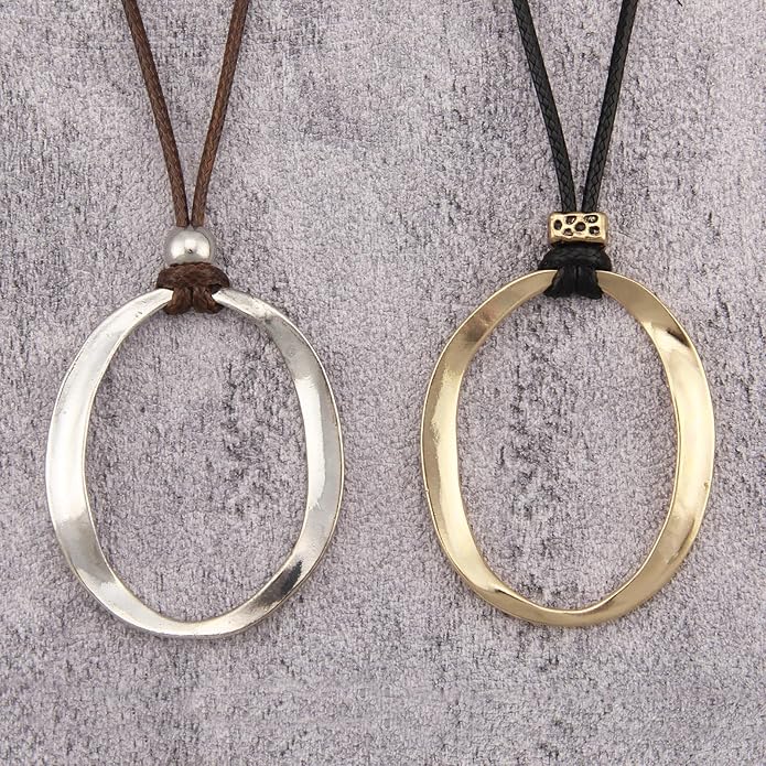 Boho Leather Necklace Women Bohemian Brown Circle Pendant Necklace Choker Long Necklaces for Women Boho Ring Large Pendant