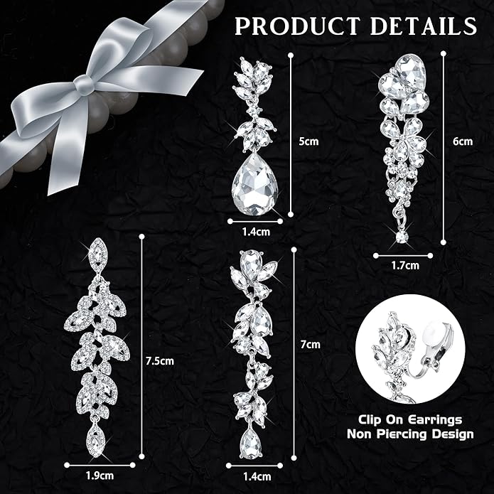 Jstyle 4 Pairs Silver Clip on Earrings for Women Elegant Rhinestone Clip on Earrings Dangle Drop for Brides Bridesmaids Non Pierced Earrings Set