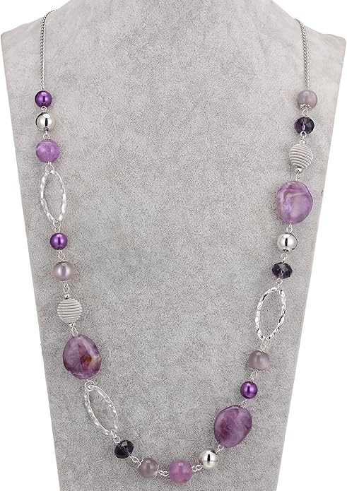 BULINLIN Beaded Long Necklace for Women Silver Sweater Chain Necklace with Crystal Resin Beads, Fashion Jewelry Necklace