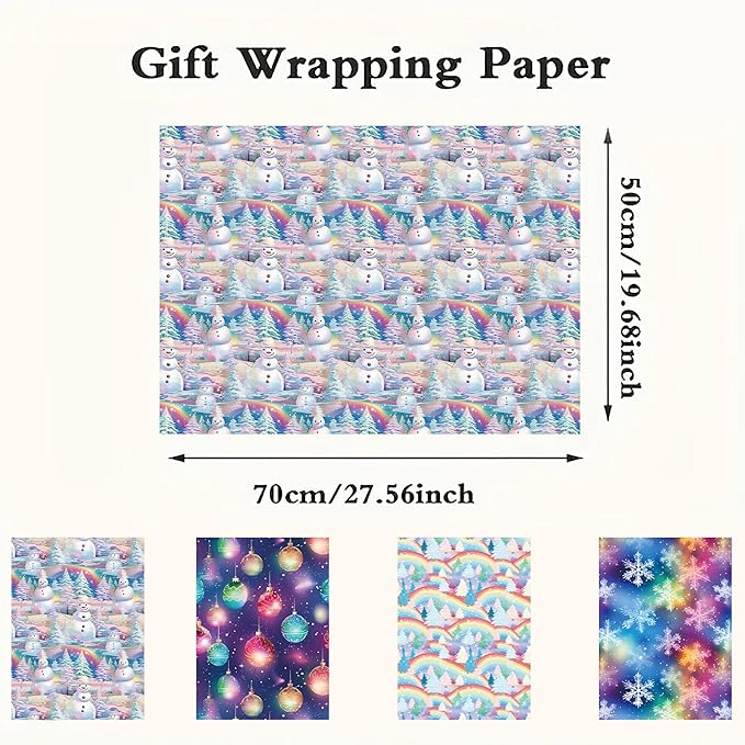 Vnaaem Christmas Wrapping Paper for Boys Girls Kids - Colorful Rainbow Xmas Gift Wrap with Snowman Tree Ball Snowflakes Design for Holiday Winter Paty - 20 x 28Inches Per Sheet(8 Pack)