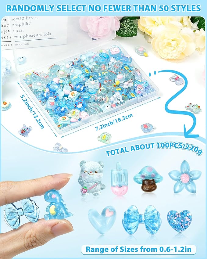 FIVEIZERO 100PCS Cute Slime Charms Bulk Set – Kawaii Flatback Resin Charms for Crafts, Mini Decoden Acrylic Embellishments for Phone Junk Cases, Scrapbooking & DIY Decoration (Blue)