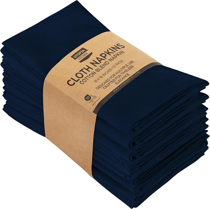 Utopia Kitchen Navy Blue Cloth Napkins [12 Pack, 18x18 Inch] Absorbent Cotton Blend Washable and Reusable for Dinner, Restaurant, Lunch, Wedding and Hotel