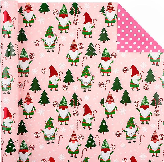 WRAPAHOLIC Reversible Gnome Christmas Wrapping Paper - Mini Roll - 17 Inch x 33 Feet - RRed Green Gnome Wrapping Paper and Pink White Polka Dots for Christmas, Holiday, Party