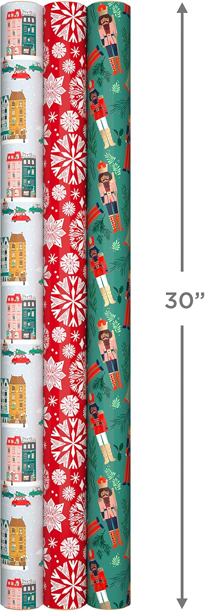 Hallmark Christmas Wrapping Paper with Cutlines on Reverse (3 Rolls: 120 Sq. Ft. Total) Winter City Scene, Rustic Snowflakes on Red, Nutcrackers with Foliage