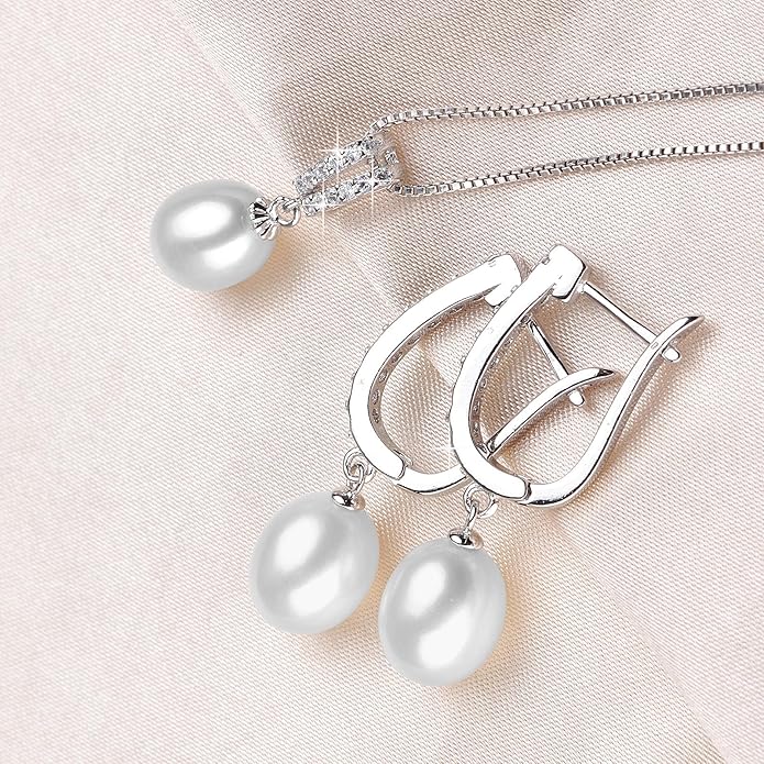 Pearl Jewelry Set For Women with Cubic Zirconia Freshwater Pearl Pendant Necklace & Earrings 925 Sterling Silver for Wedding Prom Gift
