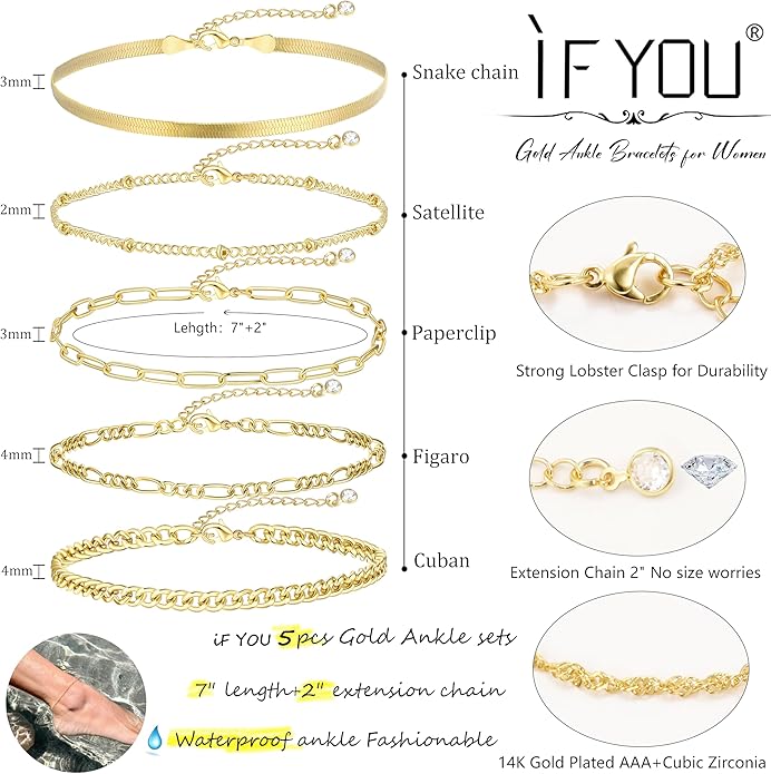 iF YOU Gold Ankle Bracelets for Women, 14k Gold Plated Waterproof Cuban Link Chain Anklets Set, Layered Anklet Bracelets for Women Beach Gift Adjustable Size 5pc