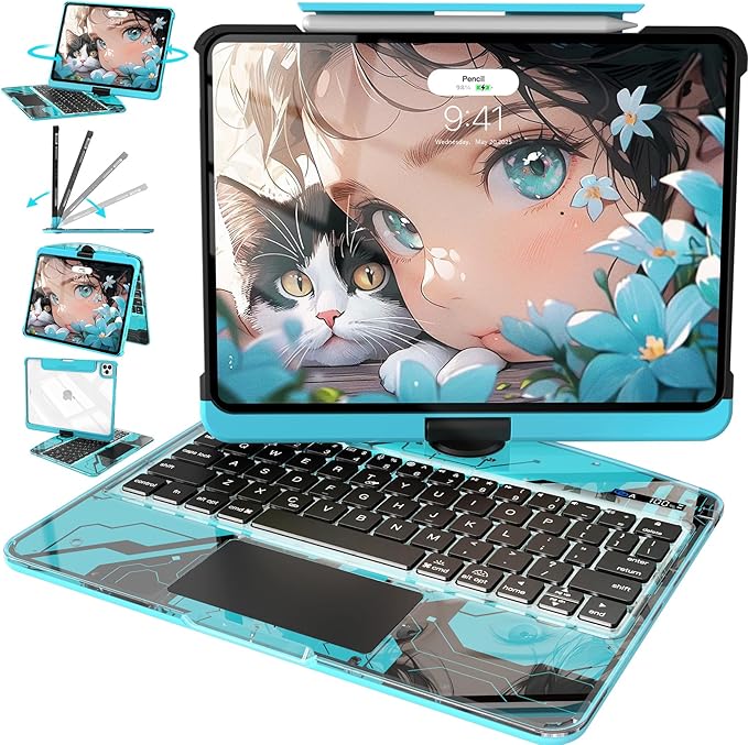 Intermerge Clear A16 11th (2025) & 10th Generation 10.9" Case with Keyboard, 360° Transparent Multi-Touch Trackpad, 7-Color RGB Keyboard, Pencil Holder, Type-C, Power Indicator, Aqua Pulse