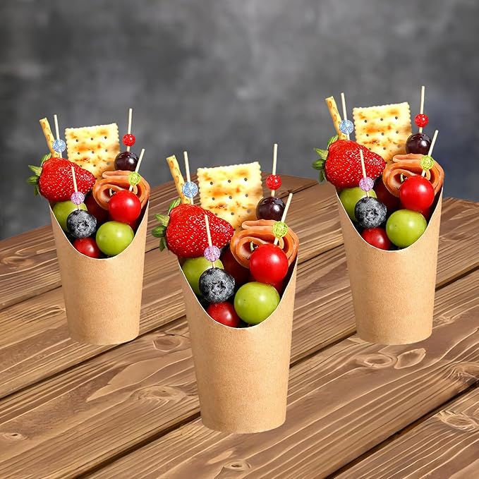 12Oz Charcuterie Cup Set, 100 Pcs Cups with 200 Pcs Coctail Picks, French Fry Holder and Bamboo Knot Skewers, Handheld Party Appetizer Kit, Disposable Kraft Paper Snack Box Container, Take Out Cones