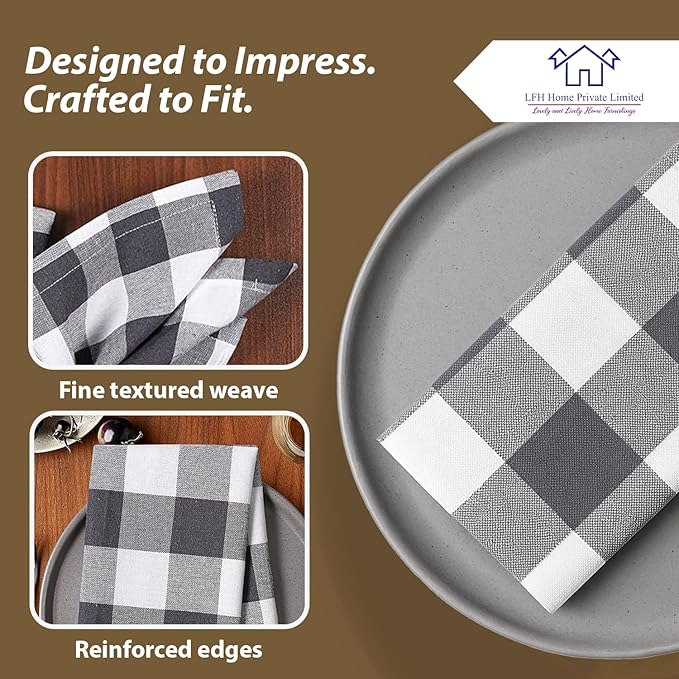 LFH Home 100% Cotton Cloth Reusable Dinner Napkins Set of 12 Washable Soft Decorative Buffalo Plaid Gingham and Checkered Table Napkins for Holidays Wedding Farmhouse Decor 18x18 Inch-Charcoal & White