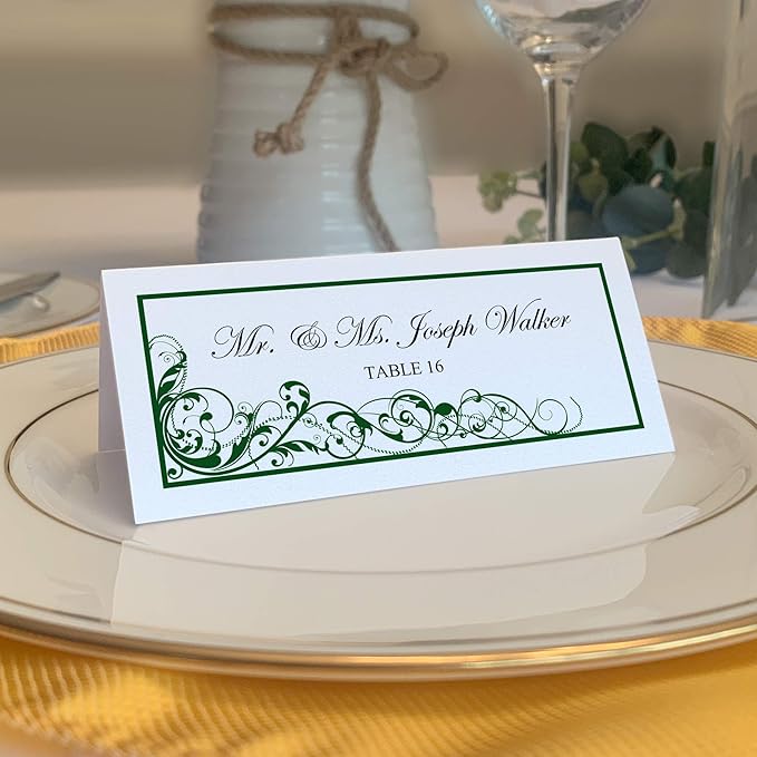 Scribble Vintage Swirl Place Cards, Hunter Green (Choose Color), Set of 150, Pre-cut and Scored - Wedding, Party, Dinner, and Special Events - Made in the USA