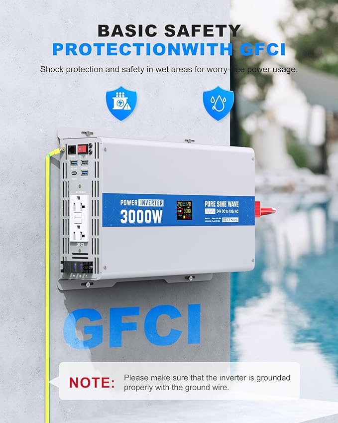 3000W Pure Sine Wave Power Inverter 24V DC to 120V AC Converter 6000 Watt Peak Power Multi-Display Screen with 2 GFCI Outlet 30W USB and 18W Type-C for Car RV Truck Boat Off-Grid, Gray Blue