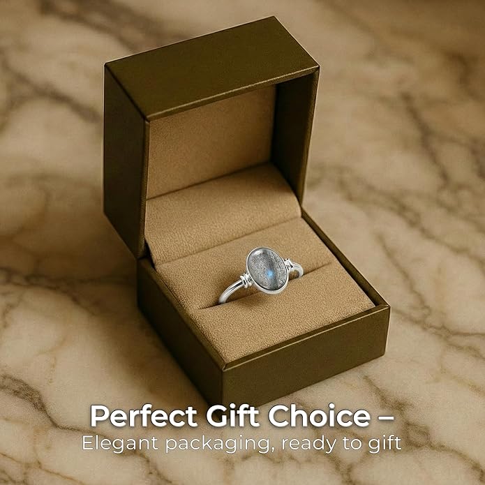 Oval Labradorite 925 Sterling Silver Ring - Delicate BOHO Chic Jewelry - Fashionable and Stylish for Women with Velvet Gift Bag/Box - Made by Indian Artisans - Size 4-9
