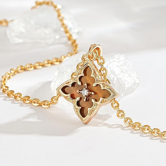 Fettero Gold Clover Necklace for Women Dainty 14K Gold Plated CZ Pendant Necklace Adjustable Chain Choker Charm Colorful Clover Pendant Lucky Necklaces for Women Jewelry