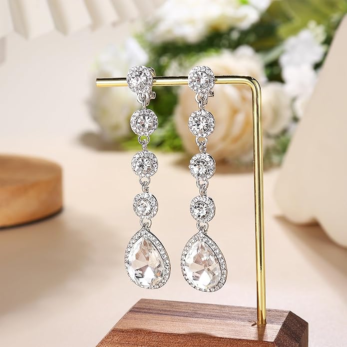 Jstyle 4 Pairs Silver Clip on Earrings for Women Elegant Rhinestone Clip on Earrings Dangle Drop for Brides Bridesmaids Non Pierced Earrings Set