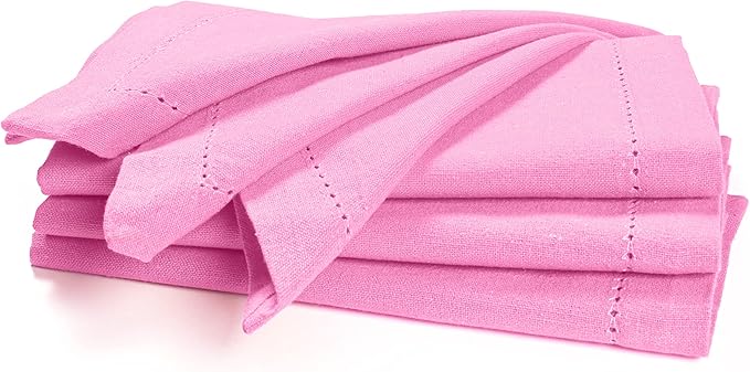 Palisa Cloth Dinner Napkins with Hemstitched Detailing & Mitered Corners Set of 4 (18x18 Inches) Pink - Cotton Reusable Dinner Napkins for Valentines Day Gift, Table Linen for Weddings & Everyday Use