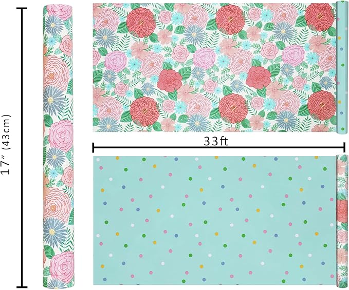 LaRibbons Reversible Floral Wrapping Paper Roll, 17 Inch x 33 Feet (46.7 Sq. Ft), Double-Sided Colorful Watercolor Rose and Polka Dots Design for Wedding, Mother’s Day, Bridal Shower & Birthday