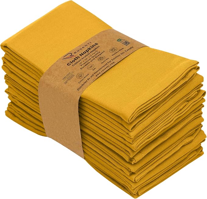 Ruvanti Cloth Napkins Set of 12, 18x18 Inches Napkins Cloth Washable, Soft, Durable, Absorbent, Cotton Blend. Table Dinner Napkins Cloth for Hotel, Lunch, Restaurant, Wedding Event, Parties - Mustard