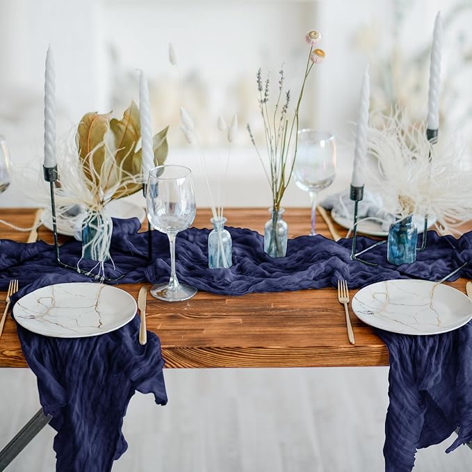 Cheesecloth Table Runner 3 Pack – 35x120 Inch (10ft) Boho Rustic Gauze Cloth Runners – Crinkle Polyester Table Decor for Wedding, Baby Shower, Bridal Shower, Birthday Party and More (Navy Blue)