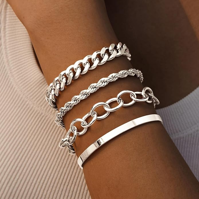 Chunky Gold Bracelets Stack for Women Non Tarnish, Waterproof 14K Gold Plated Bangle Cuff Bracelets Set for Women Trendy Thick Layered Cuban Link Chain Paperclip Rope Stackable Bracelet for Jewelry Gifts