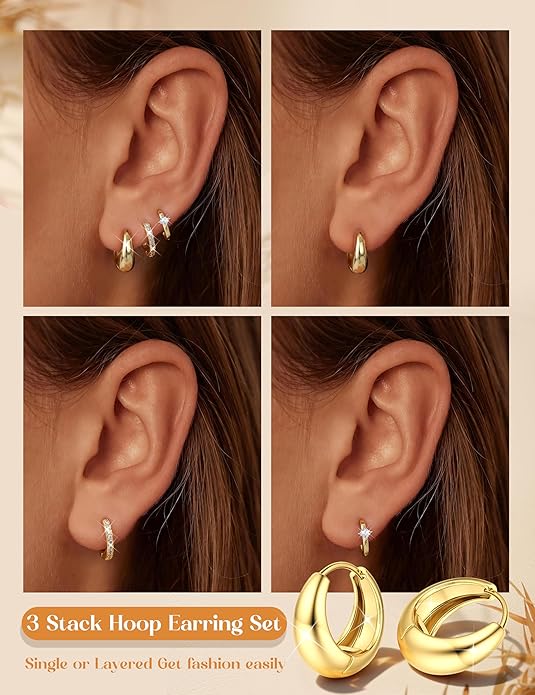 MILACOLATO 3 Pairs Small 14K Gold Plated Hoop Earrings for Women Trendy Hypoallergenic Silver Earring Stacks Huggie Hoops Earring Sets for Multiple Piercing Chunky Double Hoop Jewelry Lightweight