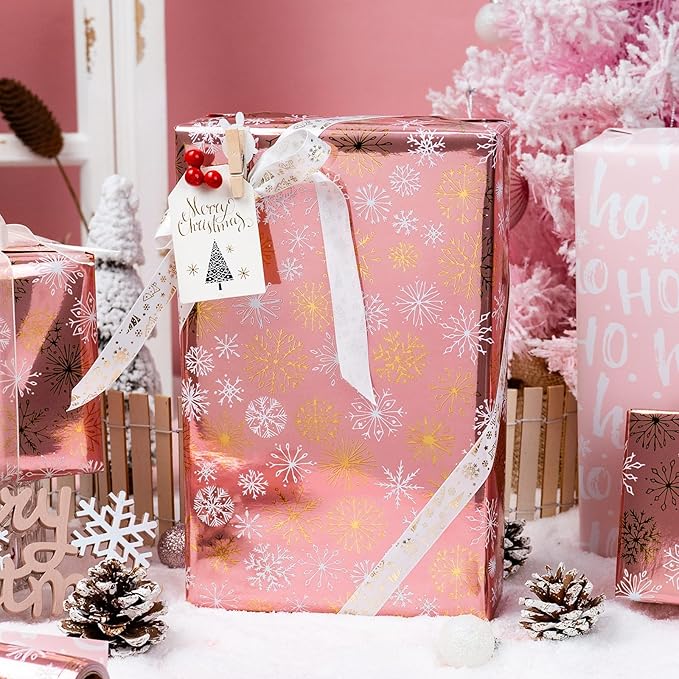 MAYPLUSS Pink Christmas Wrapping Paper Roll - 17IN X 33FT - Christmas Gift Wrapping Paper Featuring Gold and White Snowflake Reversible HO for Kids, Holiday, New Year