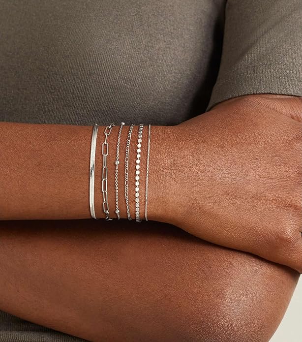 DEARMAY Dainty Silver Plated Bracelets for Women Trendy, Silver Jewelry Set for Women Bracelets for Women Paperclip Box Herringbone Figaro Rope Chain Bracelet Fashion Pack Gifts for Women