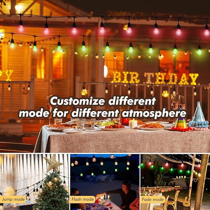 Auroraworld 24FT RGB Outdoor String Lights, Dimmable Color Changing Waterproof LED Patio Lights with Remote, 12 Shatterproof Bulbs for Garden Party Decor