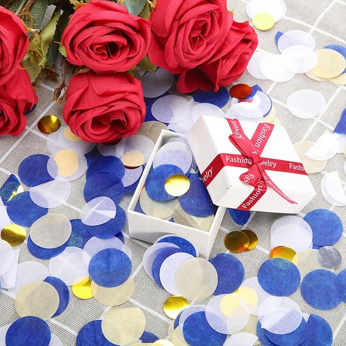 TecUnite Round Tissue Paper Table Confetti Dots for Wedding Birthday Party Decoration, 1.76 oz(Blue Gold Confetti,2.5 cm)