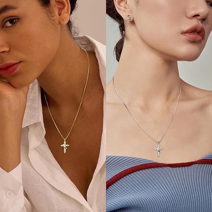 Crown Cross Necklace for Women, 14K Gold Silver Cubic Zirconia Crown Cross Necklace, Diamond Gold Silver Cross Necklaces, Dainty Cross Faith Simple Trendy Charm Jewelry Gift for Women