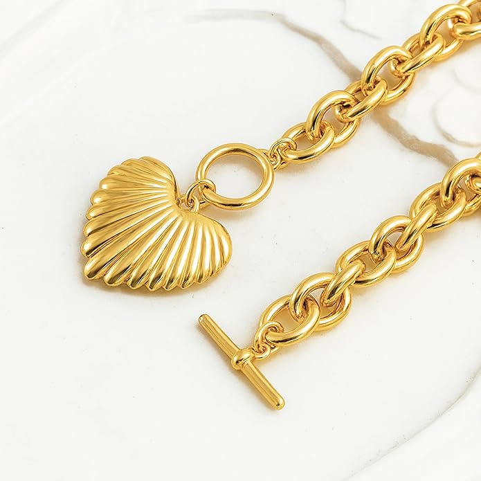 Zeffy 14K Gold/Silver Plated Chunky Thick Chain Toggle Clasp Necklace Dainty Baroque Pearl/Heart/Cross/Turquoise Pendant Necklace