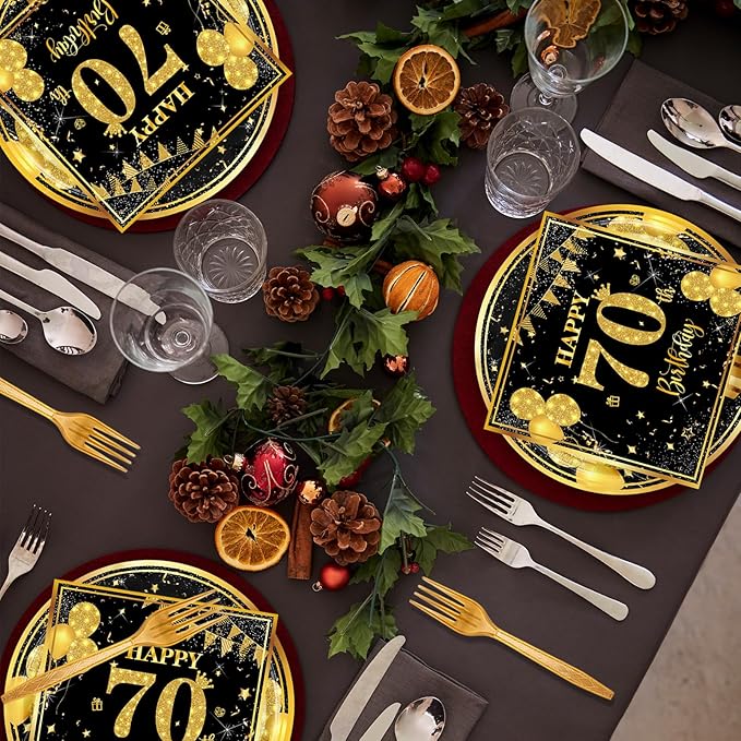 70th 7 inch Birthday Party Paper Plates and Napkins Forks 60 pcs Black Gold Birthday Decorations for Boys Girls Tableware Set for Anniversary Party Supplies,Serve 20