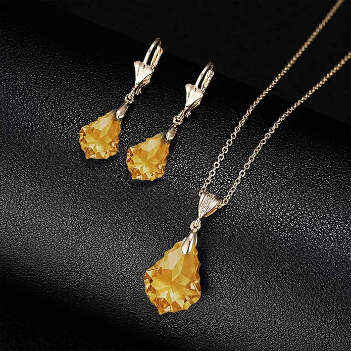 EVEVIC Austrian Crystals Baroque Pendant Necklace Earrings for Women 14K Gold Plated Hypoallergenic Leverback Drop Dangle Earrings Jewelry Set