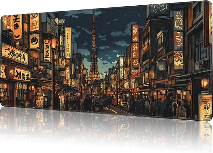 Mouse Pad Large Bustling Street Non-Slip Game Desk Mat with Stitched Edge Laptop Keyboard Desk Pad for Work Home Gaming (35.4 x 15.7 Inches)