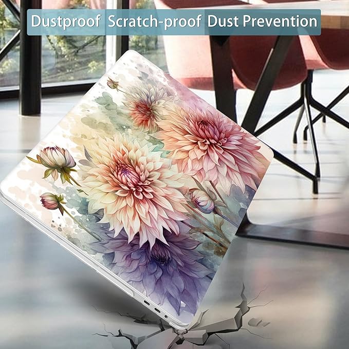 Mektron Designed Case for MacBook Pro 16 Inch A2141 Cover 2019 Release 16" with Liquid Retina Display/Touch ID, Plastic Hard Shell with Keyboard Skin & Screen Protector, Watercolor Dahlias