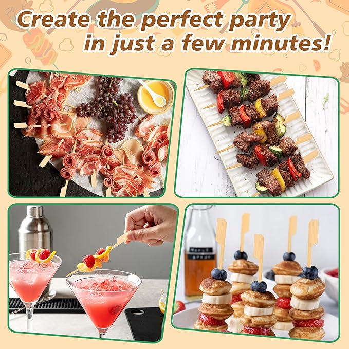 6 inch Bamboo Skewers for Appetizers, Fruit Kabobs, Wooden Food Cocktail Picks, Charcuterie Board Wood Sticks, for Grilling, BBQ Snacks, Caprese, Sandwich Toothpicks, Martini, Flat Handle- 200pcs